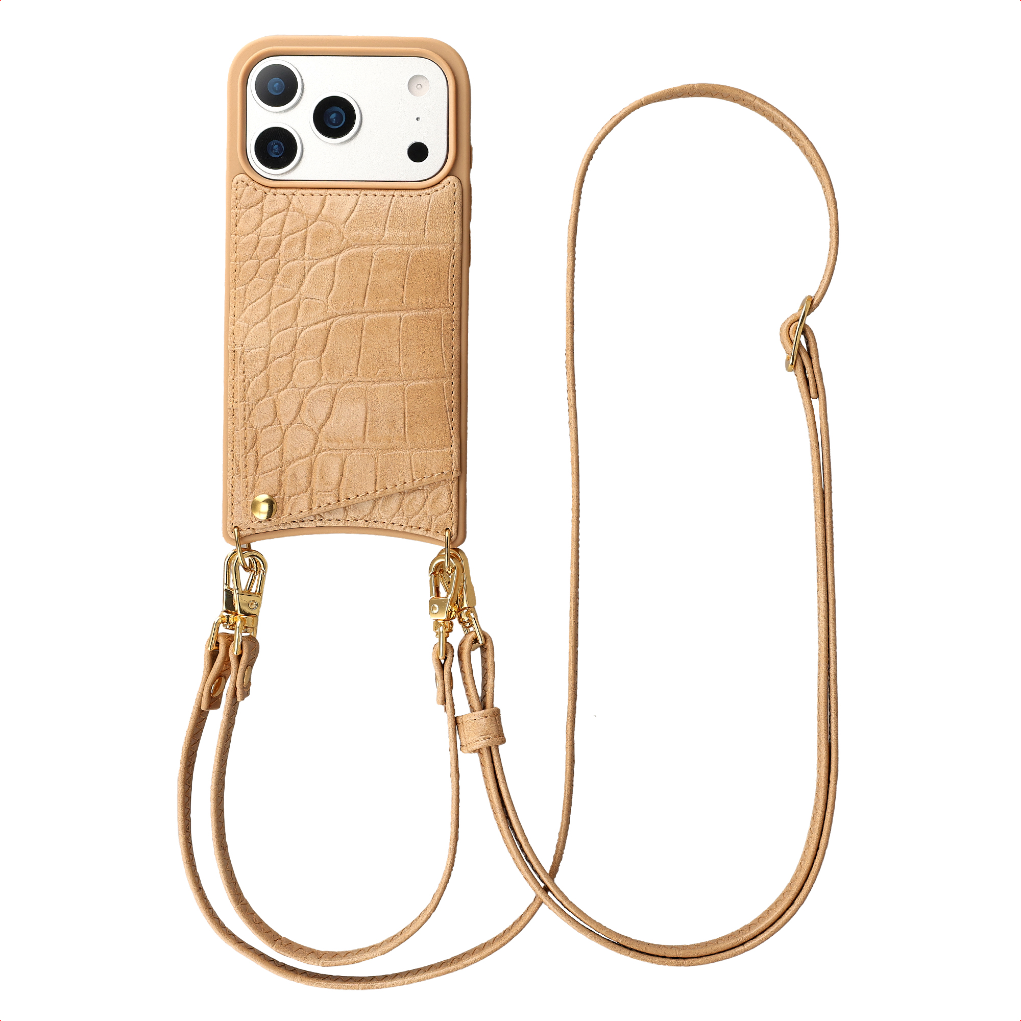 Selencia Nova Croco HandyHülle mit Kordel und Kartenhalter für das Apple iPhone 17 Pro - Toasted Almond