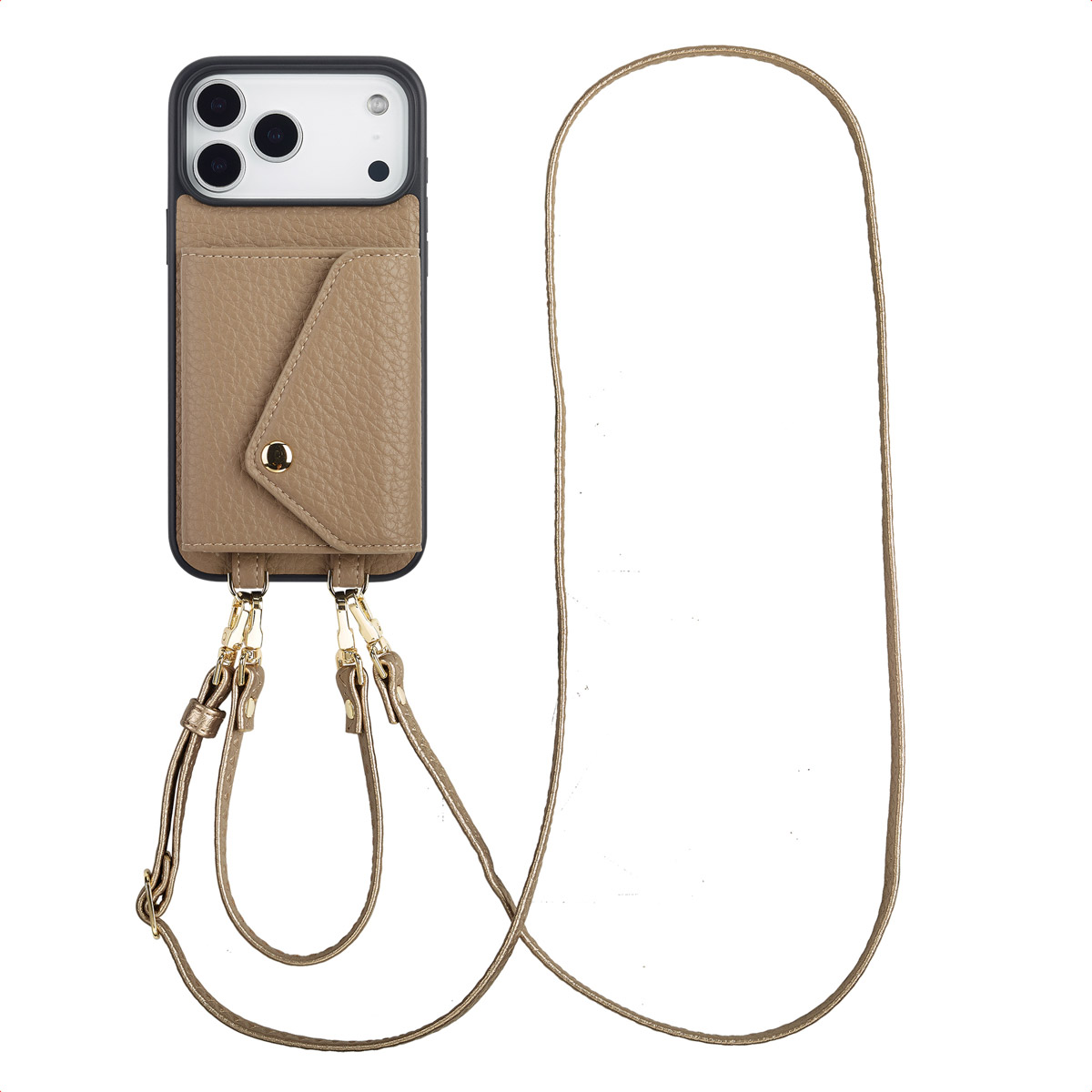 Selencia Sera HandyHülle mit Kordel und Umschlag-Kartenhalter für das Apple iPhone 18 Pro / 17 Pro - Taupe