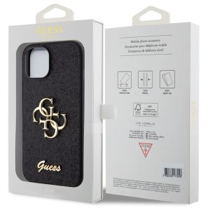 Guess 4G Metal Logo Back Cover mit Glitter für das iPhone 15 - Schwarz