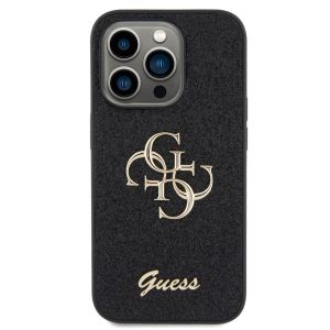 Guess 4G Metal Logo Back Cover mit Glitter für das iPhone 15 Pro - Schwarz