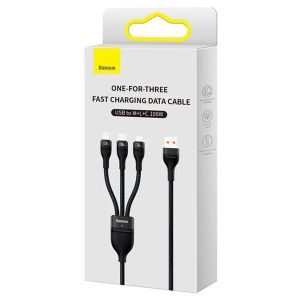 Baseus Flash Series 2 – 3-in-1-Schnellladekabel – USB-A zu USB-C/Lightning/Micro-USB – 100 Watt – 1,5 Meter – Schwarz