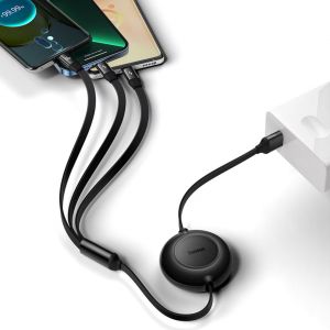 Baseus Bright Mirror 2 Series 3-in-1 ausziehbares Schnellladekabel – USB-A zu USB-C / Lightning / Micro-USB – 66 Watt – Schwarz