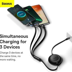 Baseus Bright Mirror 2 Series 3-in-1 ausziehbares Schnellladekabel – USB-C zu USB-C / Lightning / Micro-USB – 100 Watt – Schwarz