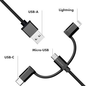 iMoshion 3-in-1-Kabel - Lightning-, USB-C- und Micro-USB-Kabel - Geflochtenes Gewebe - 1,5 Meter - Schwarz