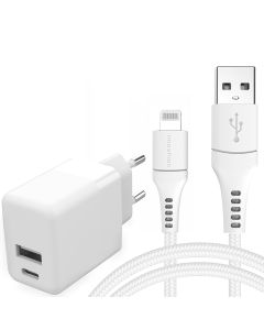 iMoshion Wand-Ladegerät mit MFI-zertifiziertem Lightning- auf USB-Kabel - Ladegerät - Geflochtenes Gewebe - 20 Watt - 1,5 m - Weiß