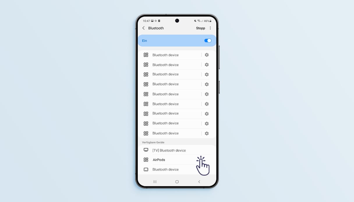 Anleitung zum Suchen und Verbinden des Samsung-Handys mit Apple AirPods.