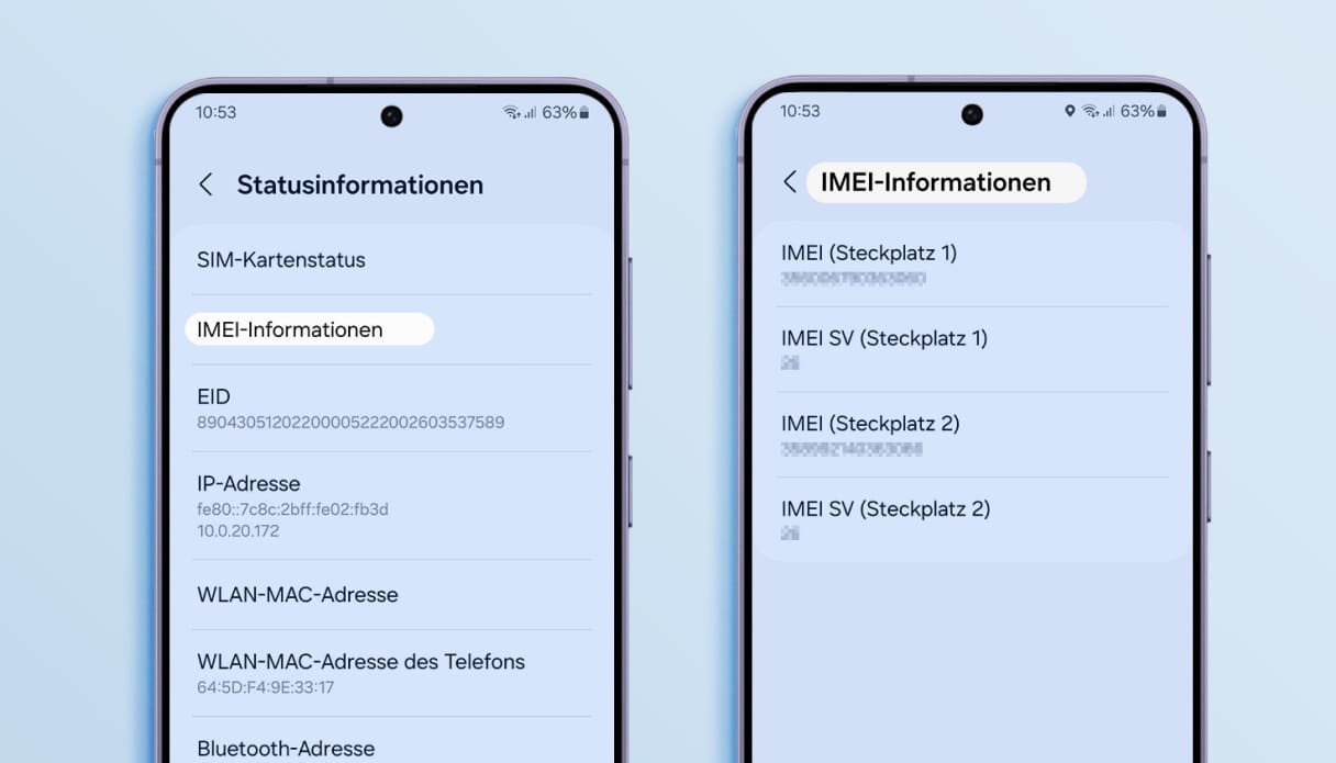 Samsung-Bildschirm mit einer Erklärung, wie du die IMEI-Nummer über die Einstellungen findest.