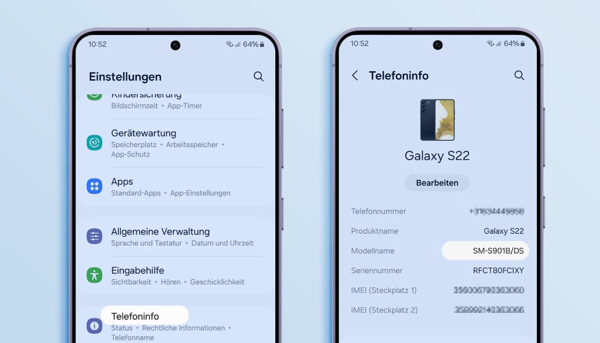 Samsung-Bildschirme mit einer Erklärung, wie du den Modellnamen oder die Modellnummer über die Einstellungen findest.