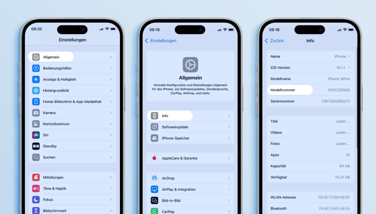 iPhone-Bildschirme mit einer Erklärung, wie du eine Modellnummer über die Einstellungen findest.
