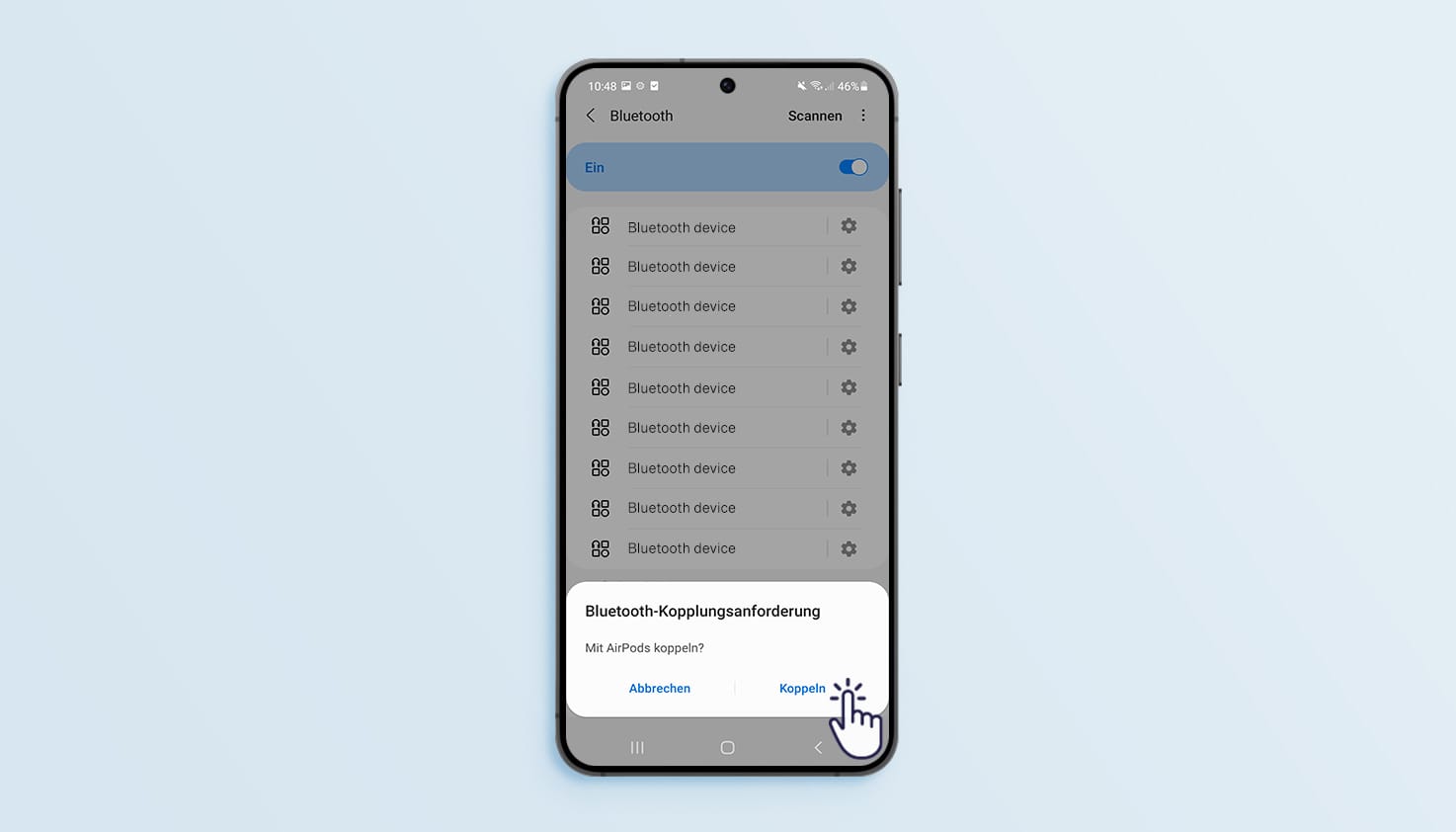 Anleitung zum Bestätigen der Apple AirPods auf dem Samsung-Handy.