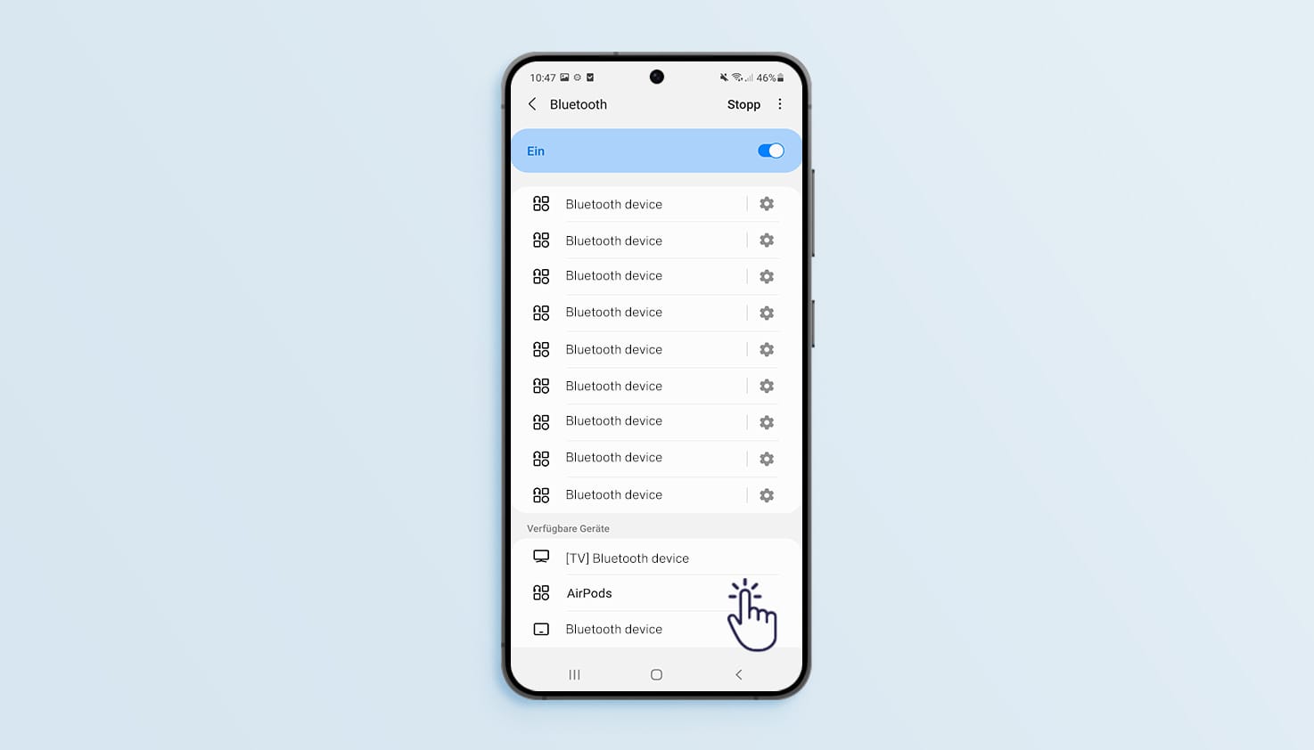 Anleitung zum Suchen und Verbinden des Samsung-Handys mit Apple AirPods.