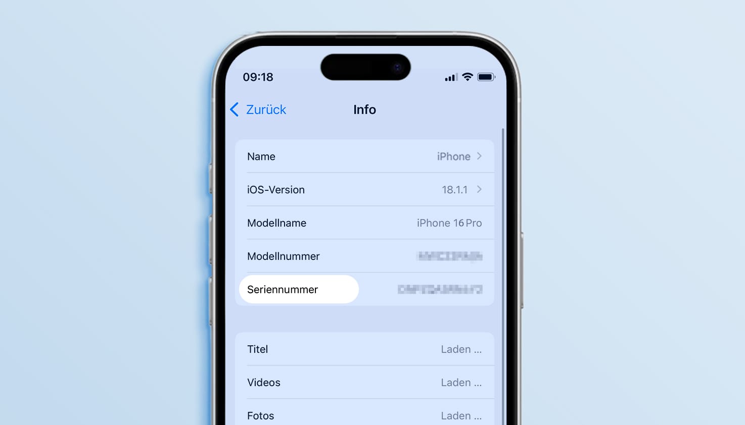 iPhone-Bildschirm mit einer Erklärung, wie du die Seriennummer über die Einstellungen findest.