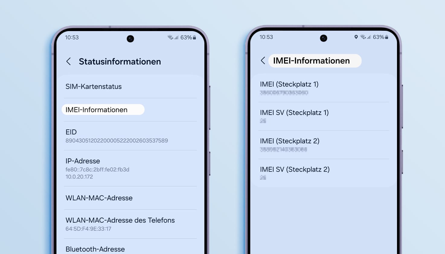 Samsung-Bildschirm mit einer Erklärung, wie du die IMEI-Nummer über die Einstellungen findest.