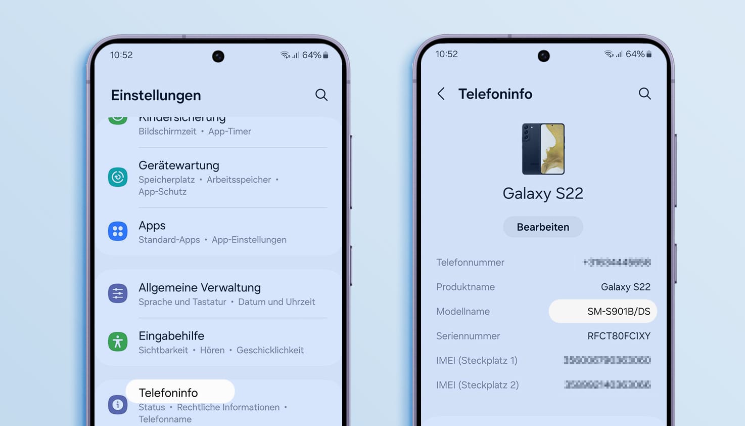 Samsung-Bildschirme mit einer Erklärung, wie du den Modellnamen oder die Modellnummer über die Einstellungen findest.