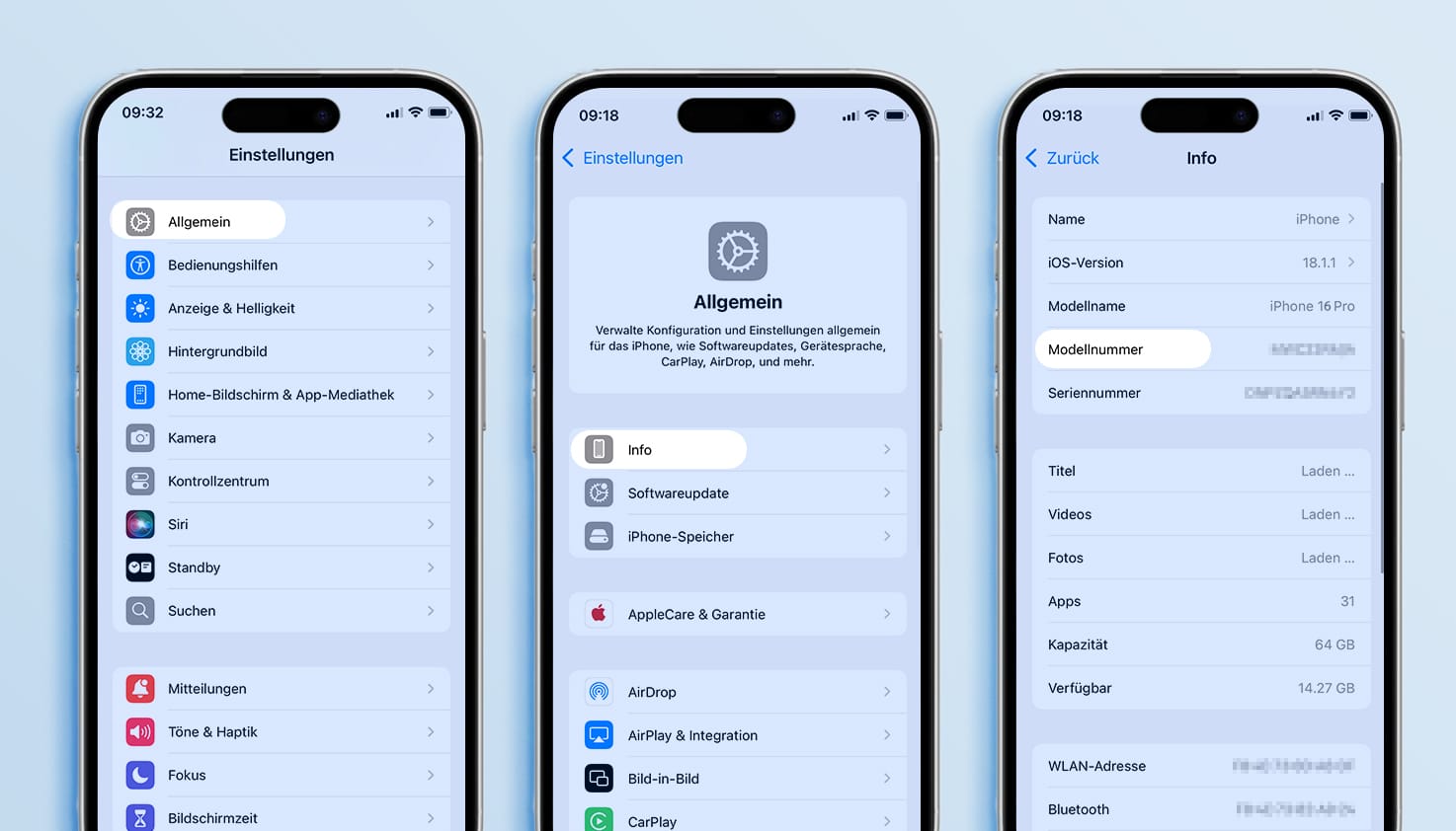iPhone-Bildschirme mit einer Erklärung, wie du eine Modellnummer über die Einstellungen findest.