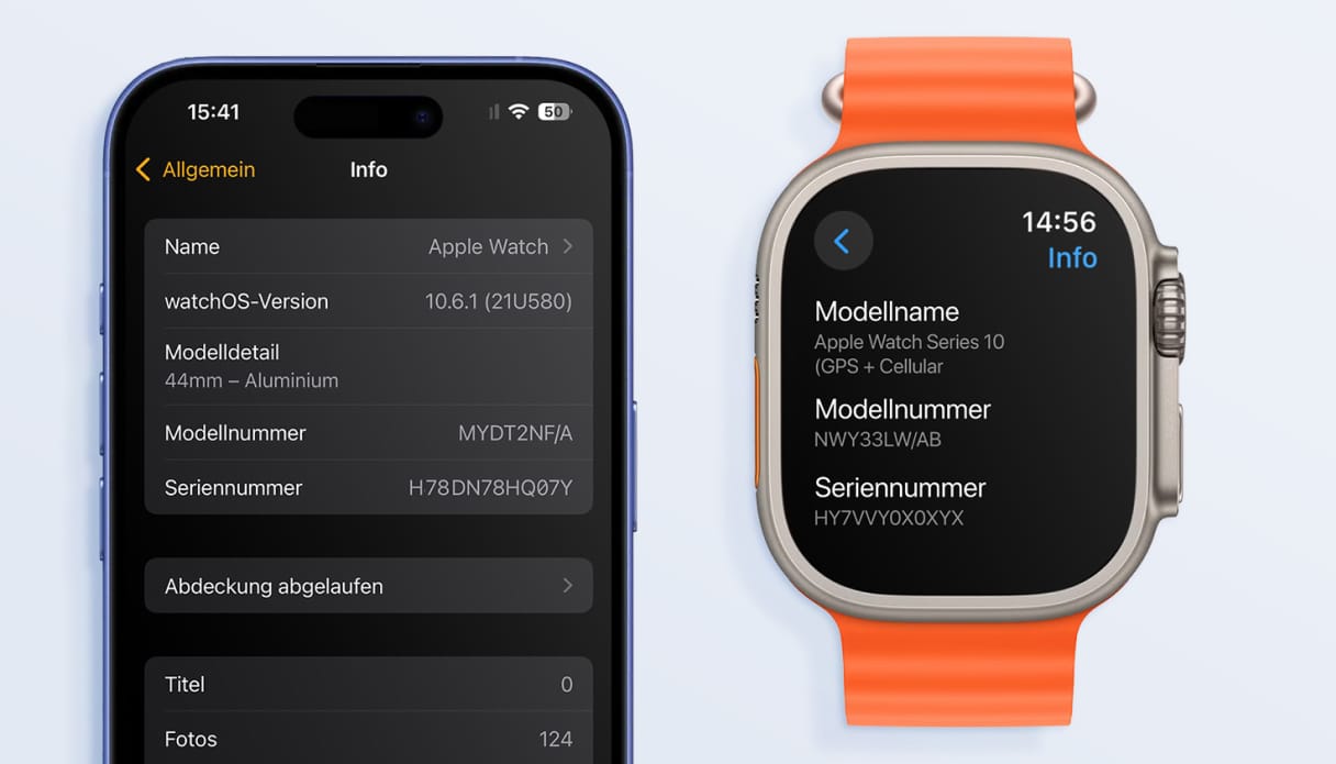 Die Einstellungen auf einem iPhone und einer Apple Watch, wo du den Modellcode finden kannst.
