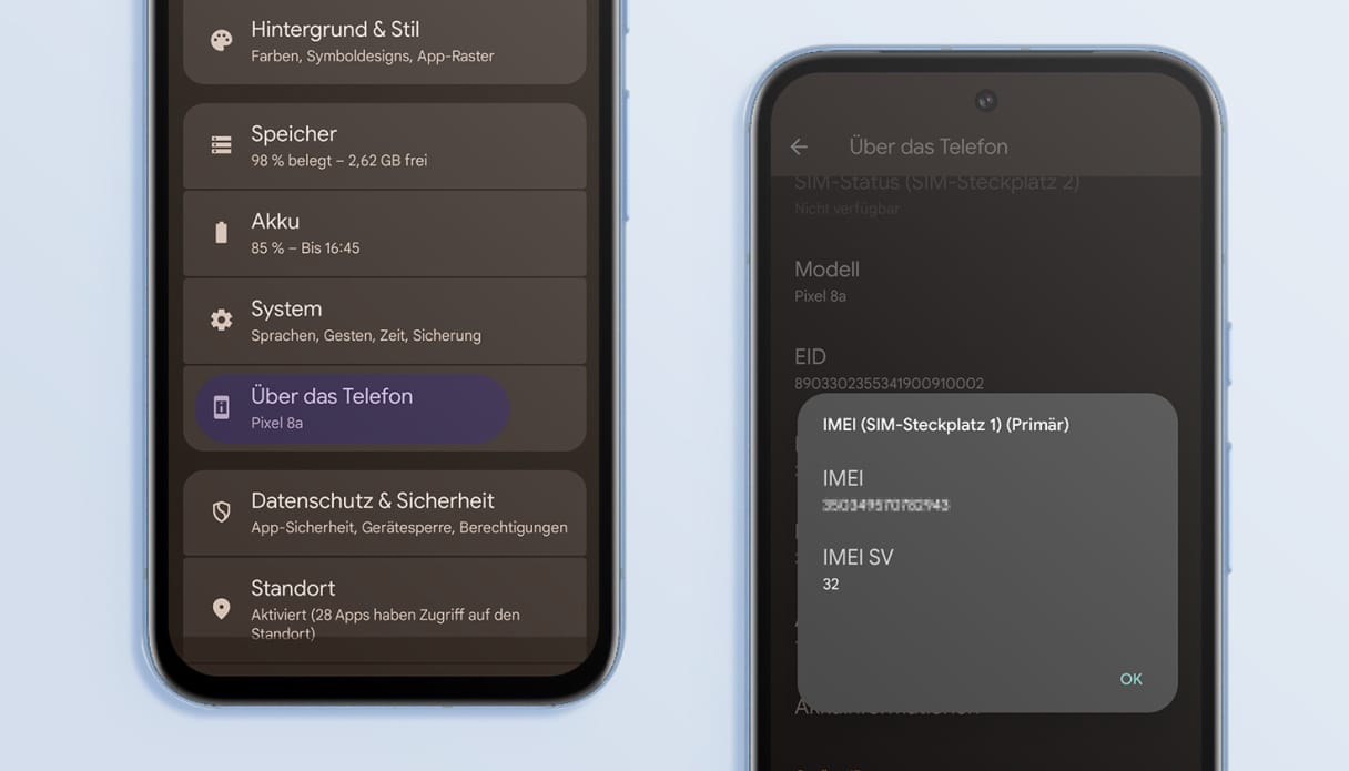 Ein Google-Handy mit den Einstellungen, um deine IMEI-Nummer herauszufinden.