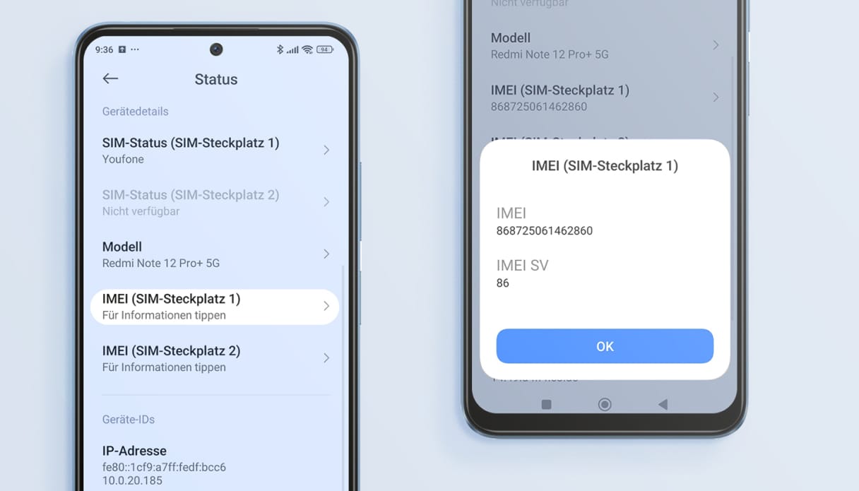 Android-Bildschirm mit einer Erklärung, wie man die IMEI-Nummer in den Einstellungen findet.