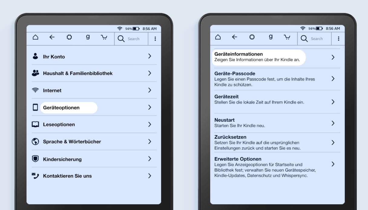 Einstellungen Übersicht eines Amazon Kindle
