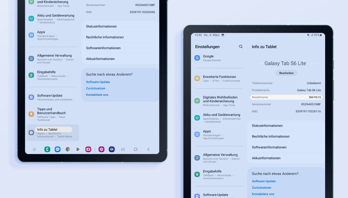 Übersicht der Einstellungen eines Samsung-Tablets.