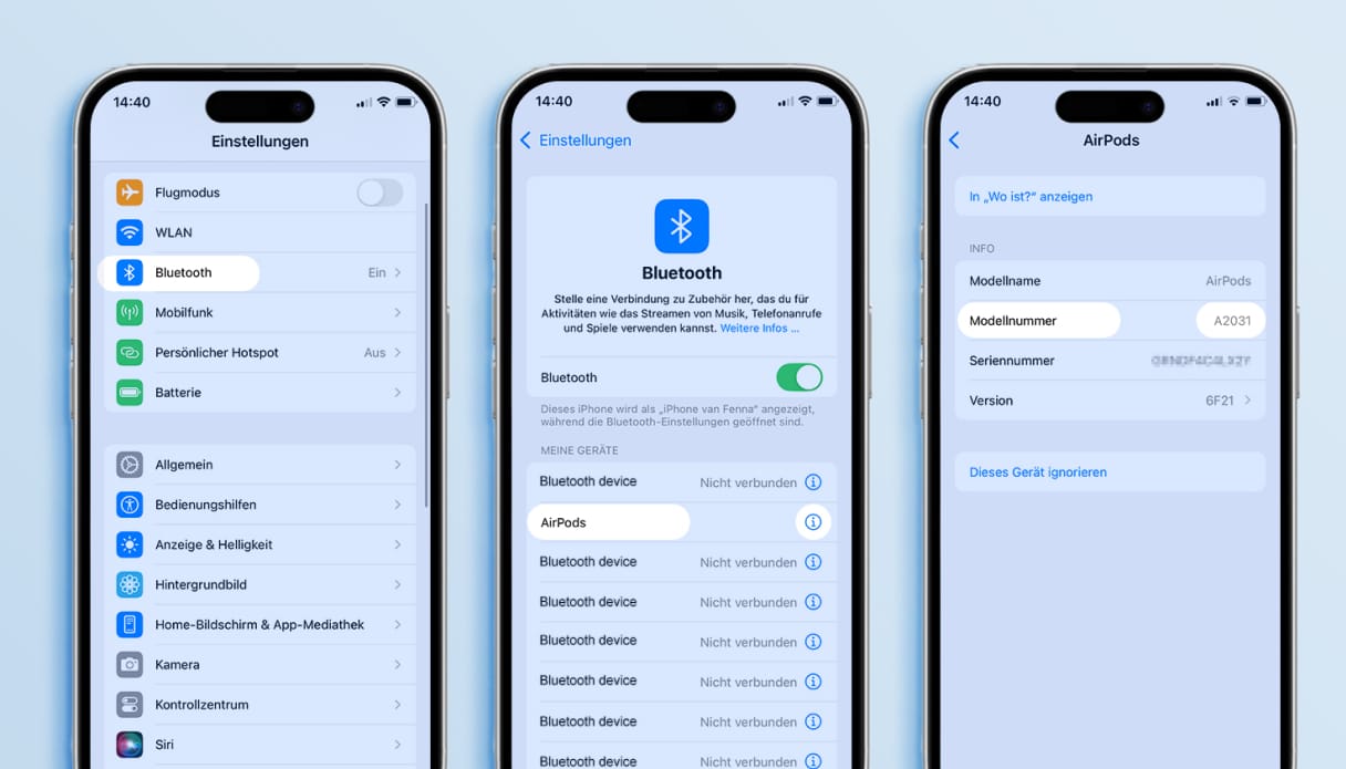 Drei iPhones nebeneinander, auf denen die Schritte zur Bestimmung deiner AirPods-Generation angezeigt werden.