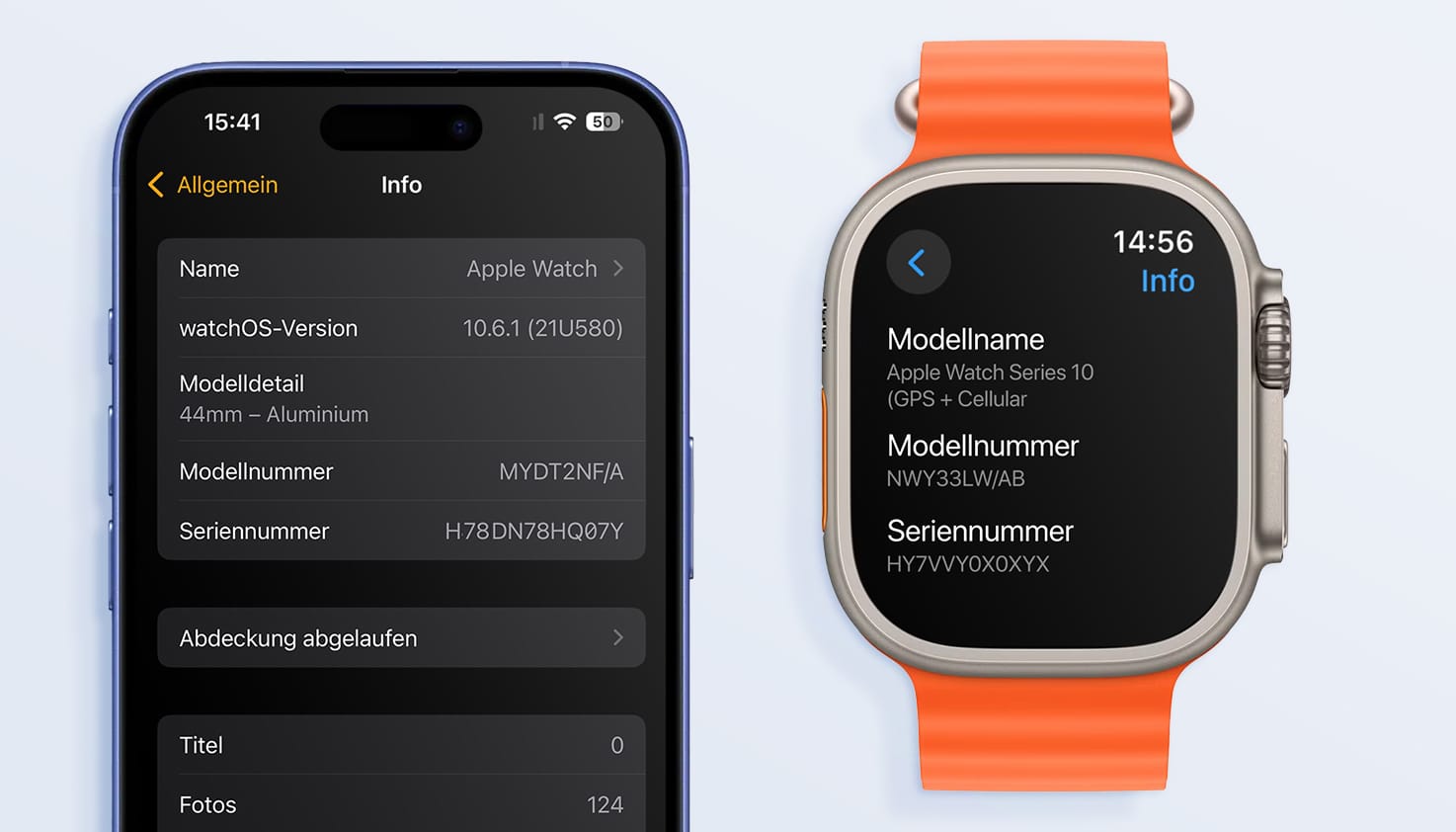 Die Einstellungen auf einem iPhone und einer Apple Watch, wo du den Modellcode finden kannst.