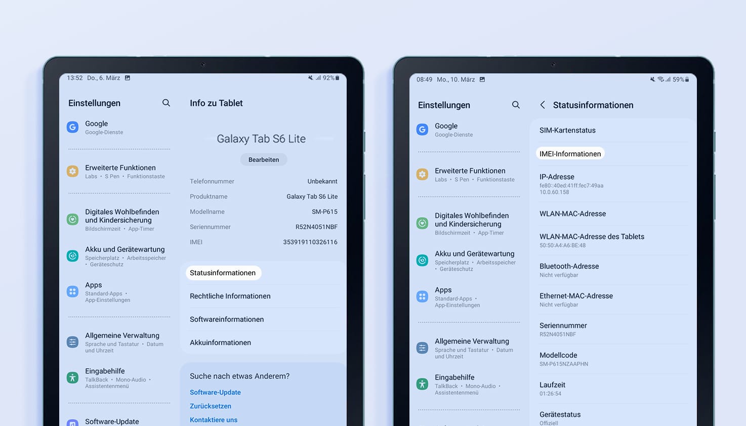 Die Einstellungen eines Samsung-Tablets mit dem Standort der IMEI-Nummer.