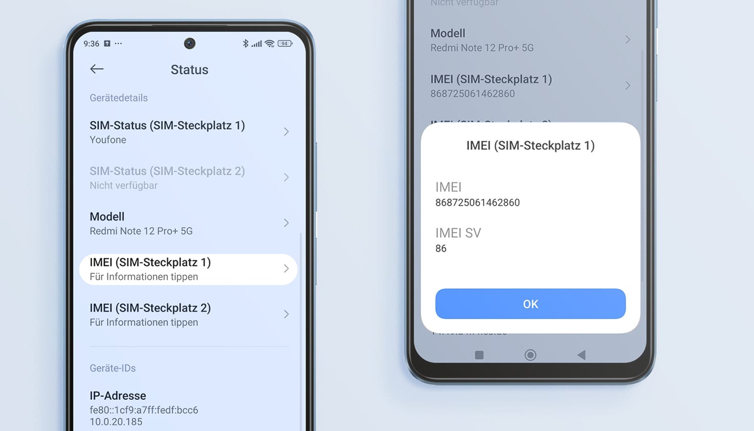 Android-Bildschirm mit einer Erklärung, wie man die IMEI-Nummer in den Einstellungen findet.