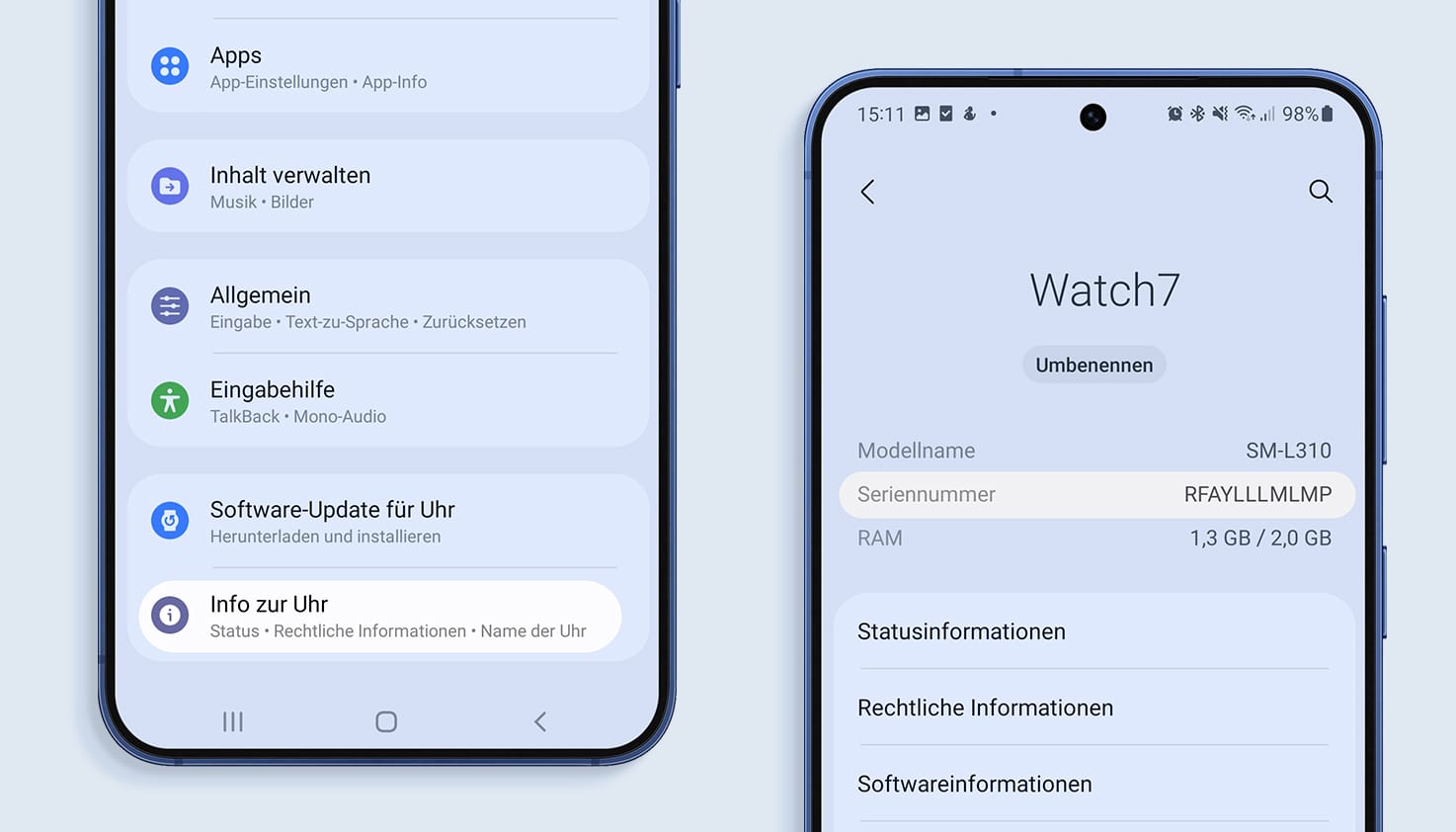 Die Einstellungen auf deinem Handy, um die Seriennummer deiner Samsung Watch herauszufinden.