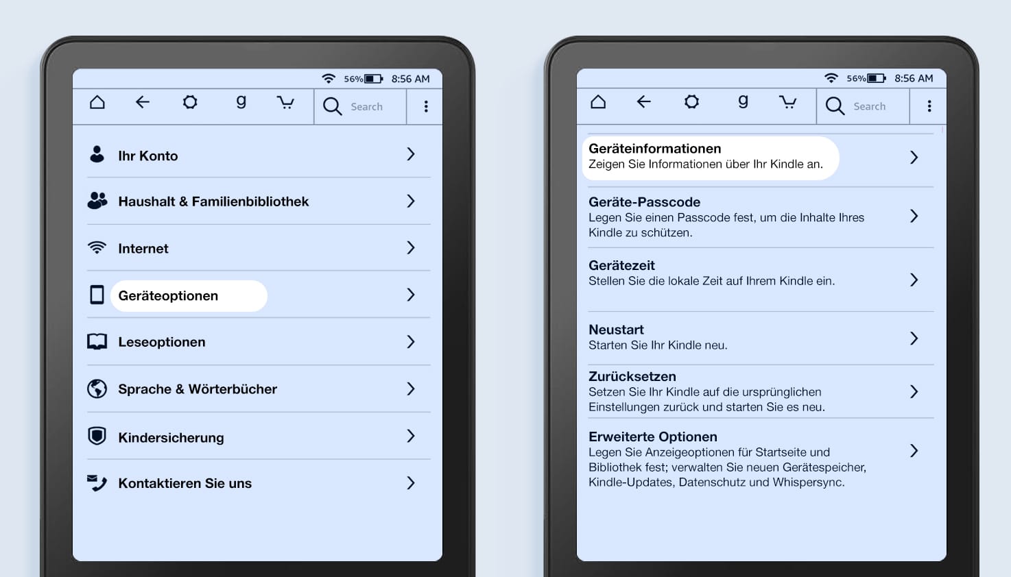 Einstellungen Übersicht eines Amazon Kindle