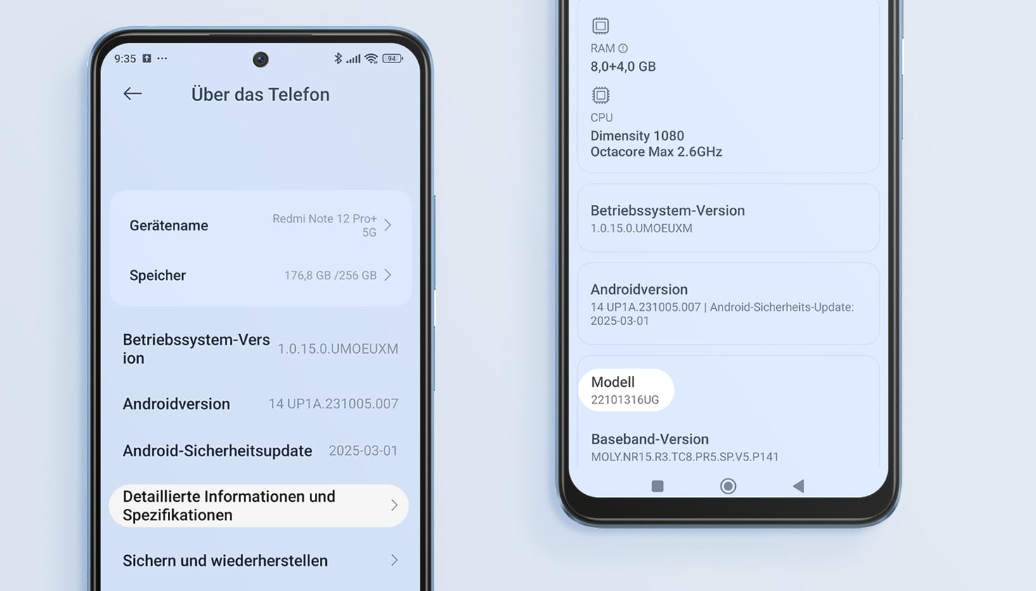 Android-Bildschirme mit einer Erklärung, wie man den Modellnamen oder die Modellnummer in den Einstellungen findet.
