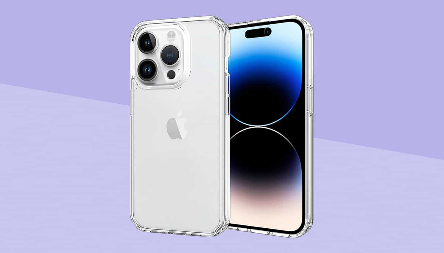 Ein durchsichtiges Handyhülle mit Antihaftbeschichtung steht im Mittelpunkt auf einem lila gefärbten Hintergrund.