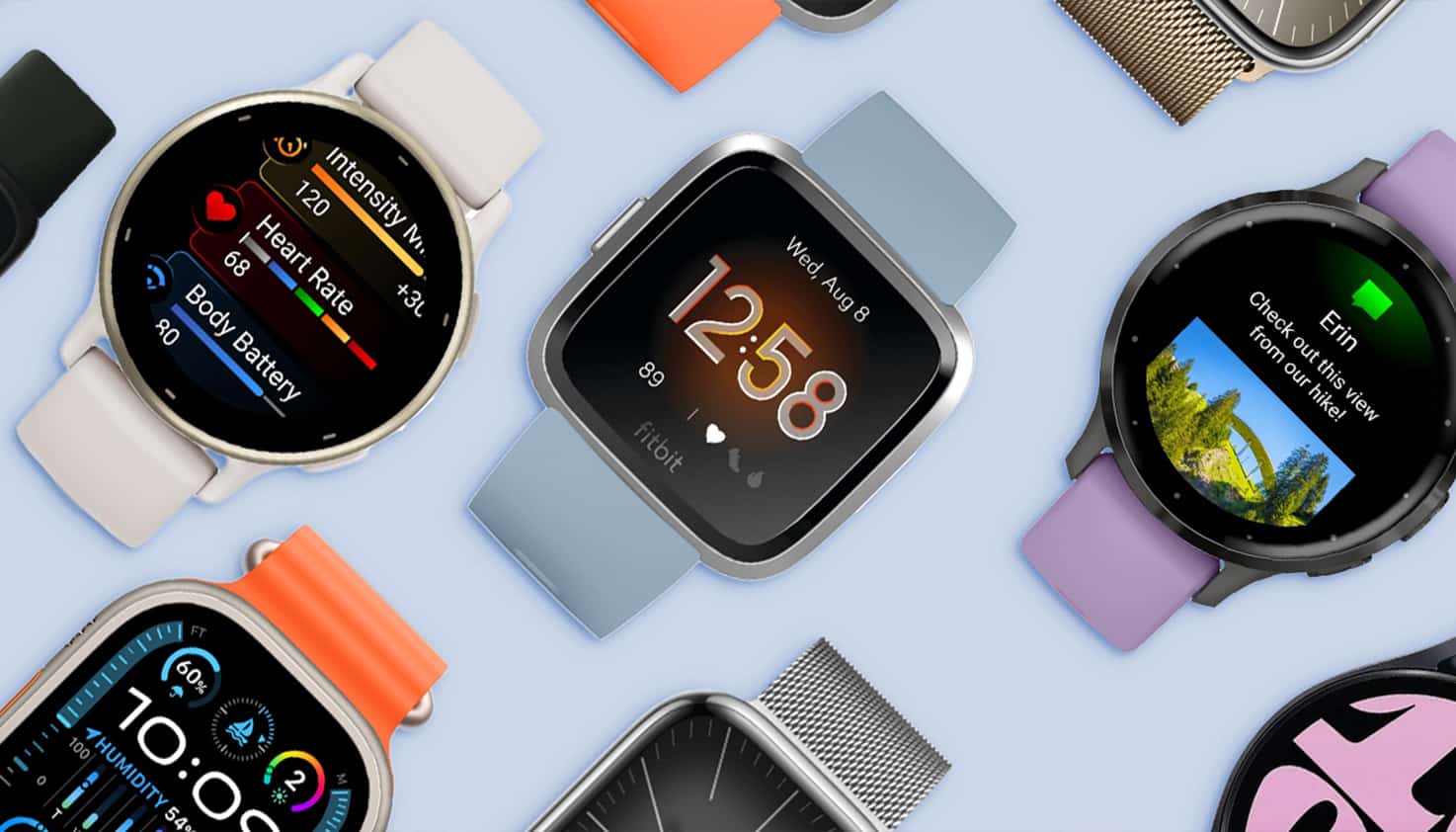 Verschiedene Smartwatch-Modelle auf blauem Hintergrund, darunter Apple Watch, Samsung Galaxy Watch und Fitbit