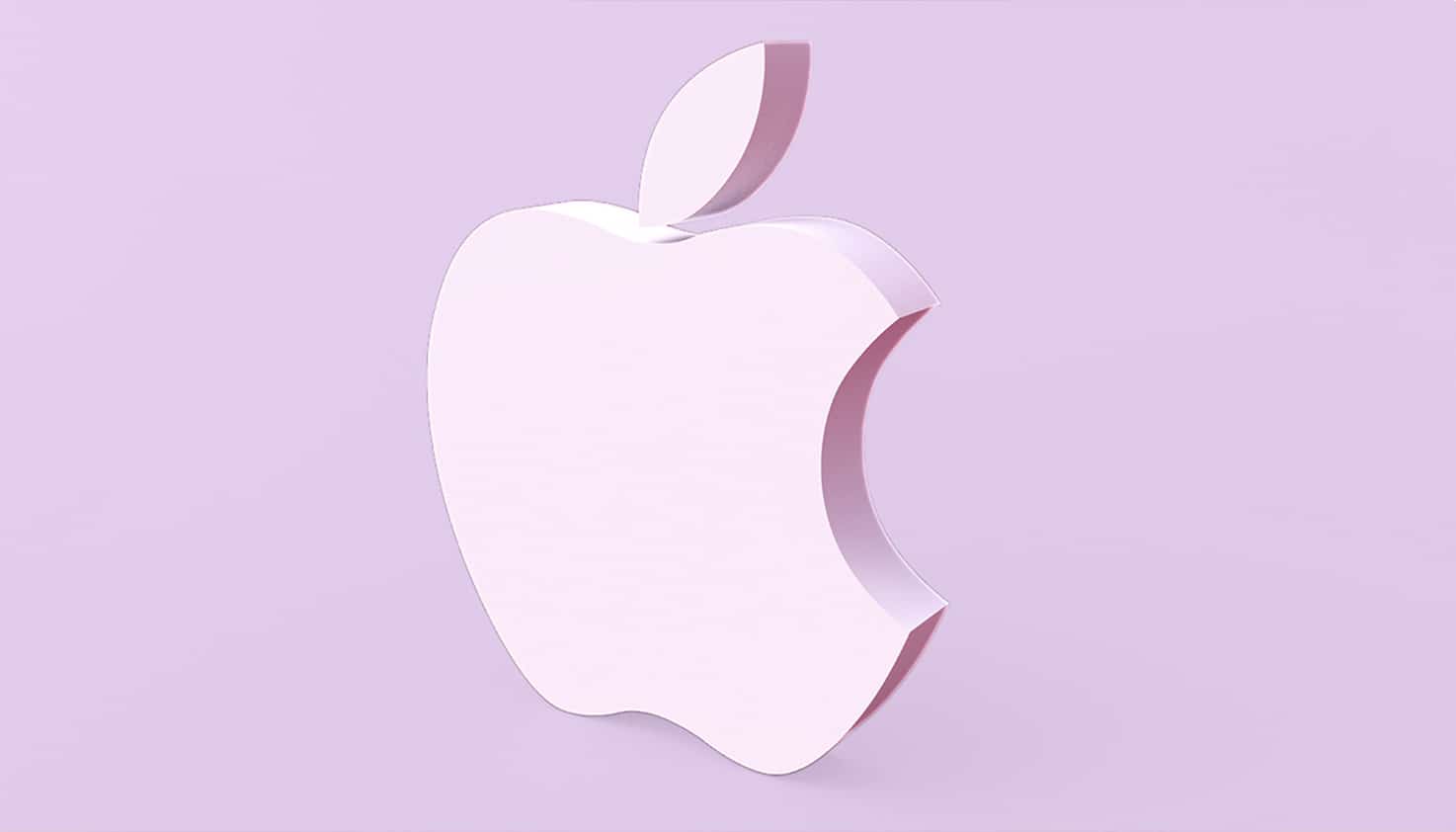 Das Apple-Logo ist zentral positioniert, es ist in einem hellvioletten Farbton gehalten, der auch im Hintergrund.