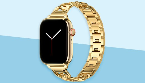 Sterrenlicht kleurig Slim Steel Jubilee Inspired schakelbandje met een Apple Watch in de kleur sterrenlicht.