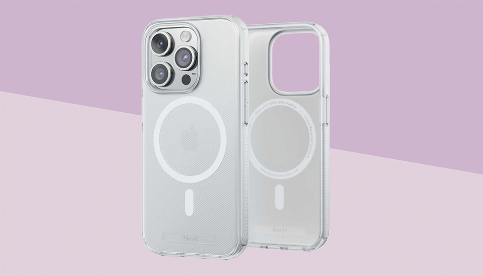 Eine transparente MagSafe-Hülle für das iPhone, die Hülle ist eine Backcover und der Hintergrund ist lila.