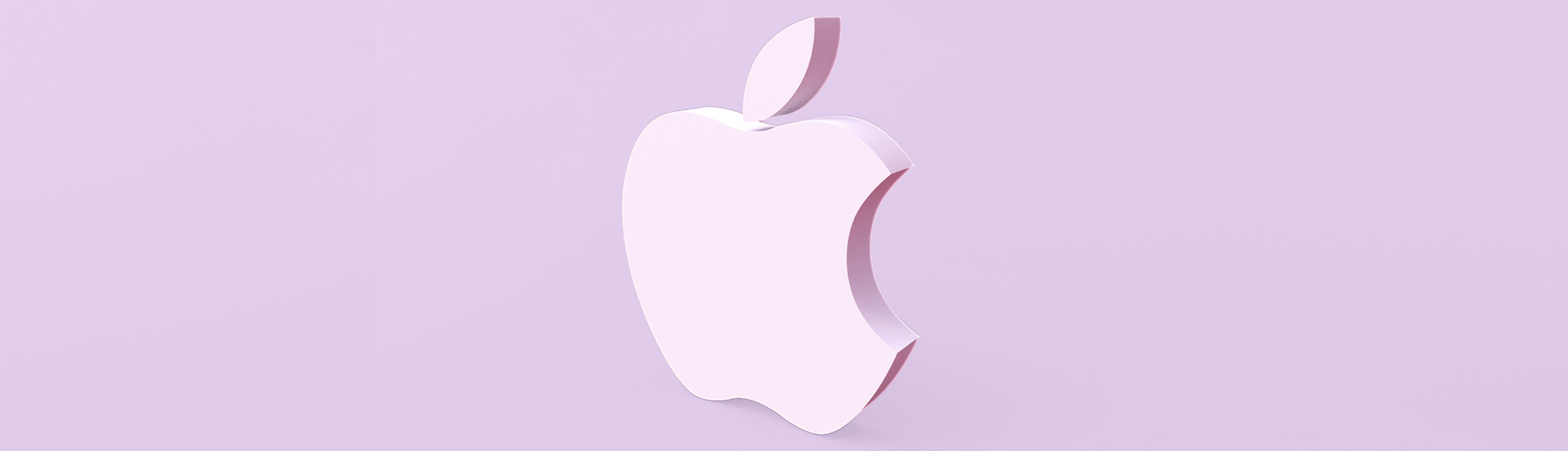 Das Apple-Logo ist zentral positioniert, es ist in einem hellvioletten Farbton gehalten, der auch im Hintergrund.