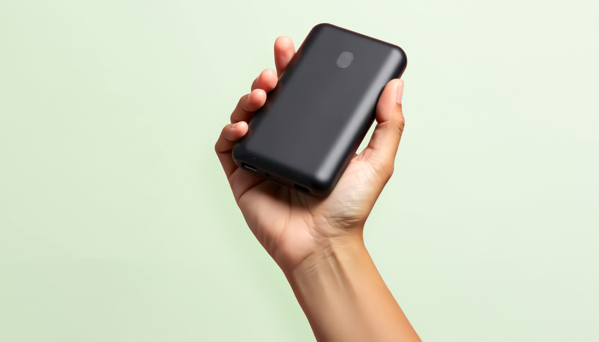 Eine Hand, die eine Powerbank hält.