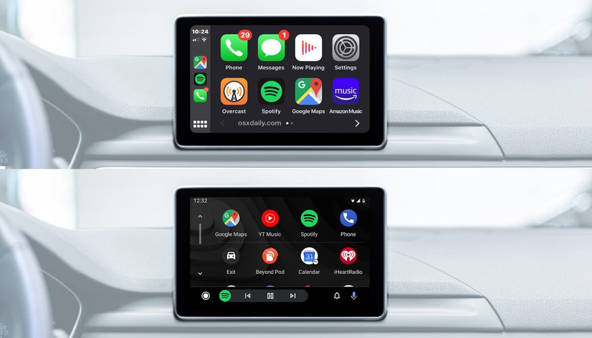 Unterschiede zwischen Apple CarPlay und Android Auto werden anhand von Icons dargestellt.