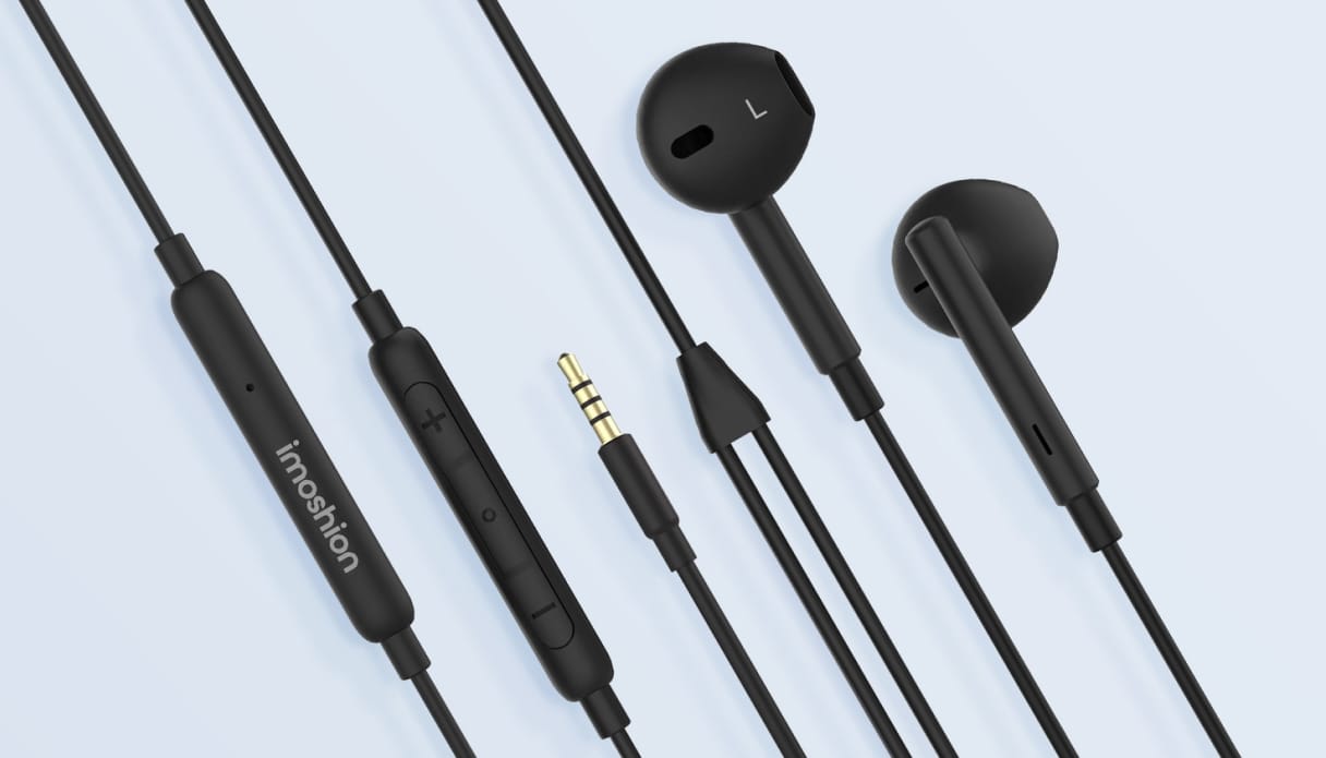Schwarze imoshion kabelgebundene Earbuds-Kopfhörer.
