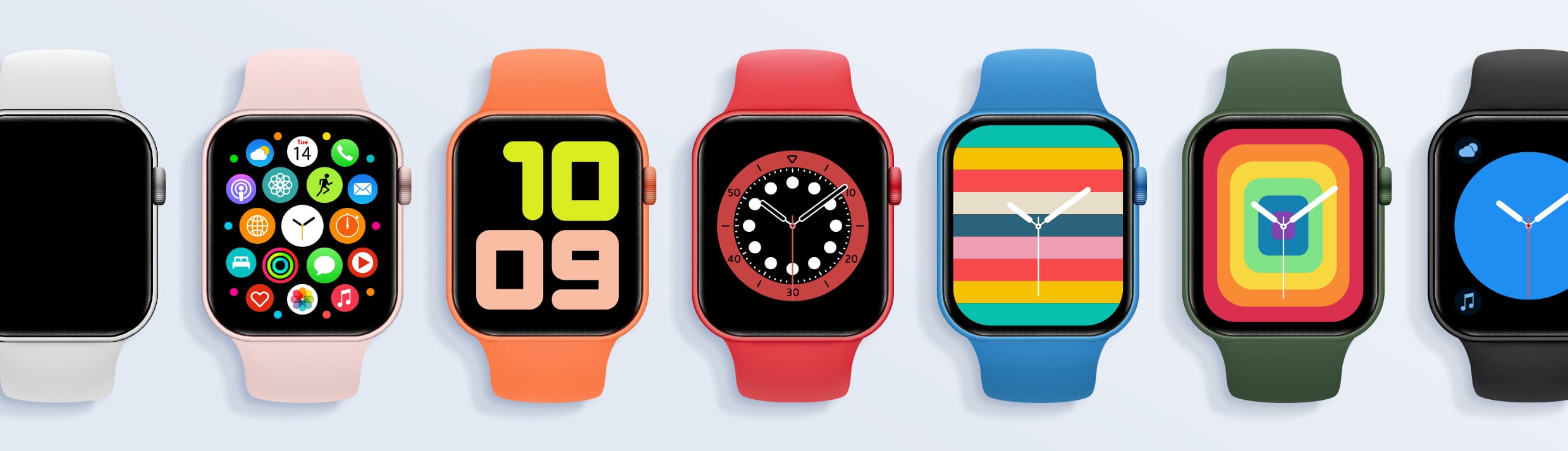 Foto von mehreren Apple Watches mit verschiedenen Hintergründen auf blauem Untergrund.