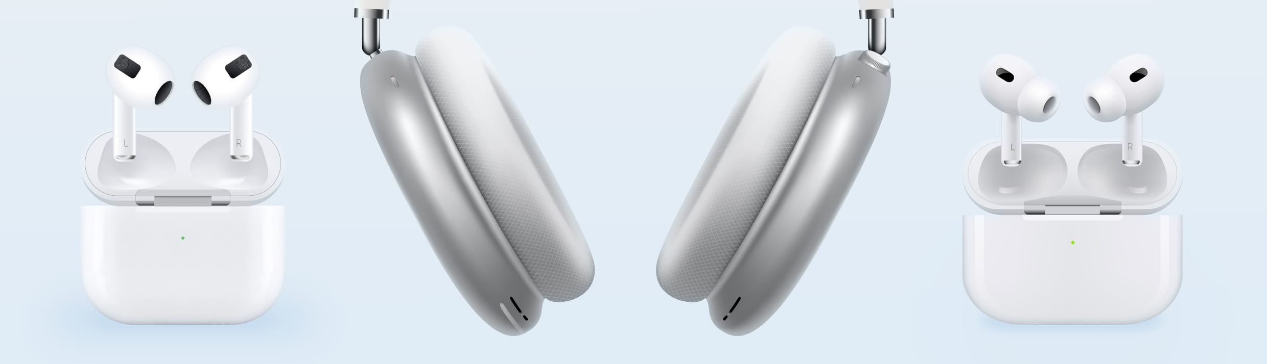 Die Apple AirPods Max in der Mitte, mit den Apple AirPods 3 auf beiden Seiten.