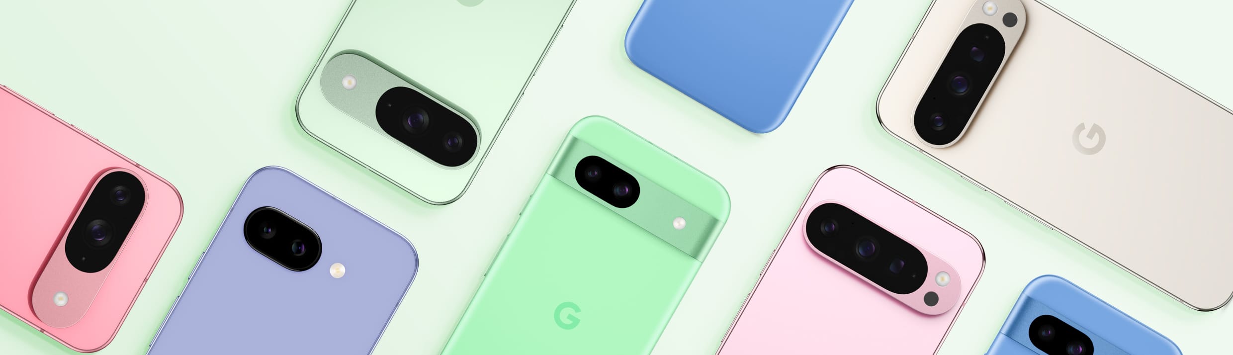 Eine Flatlay von verschiedenen Google-Handys.