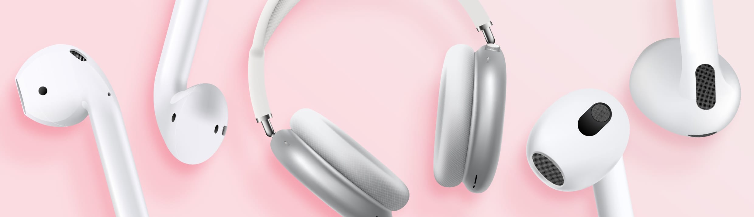 Sammlung von Apple AirPods, Apple AirPods Pro und Apple AirPods Max.