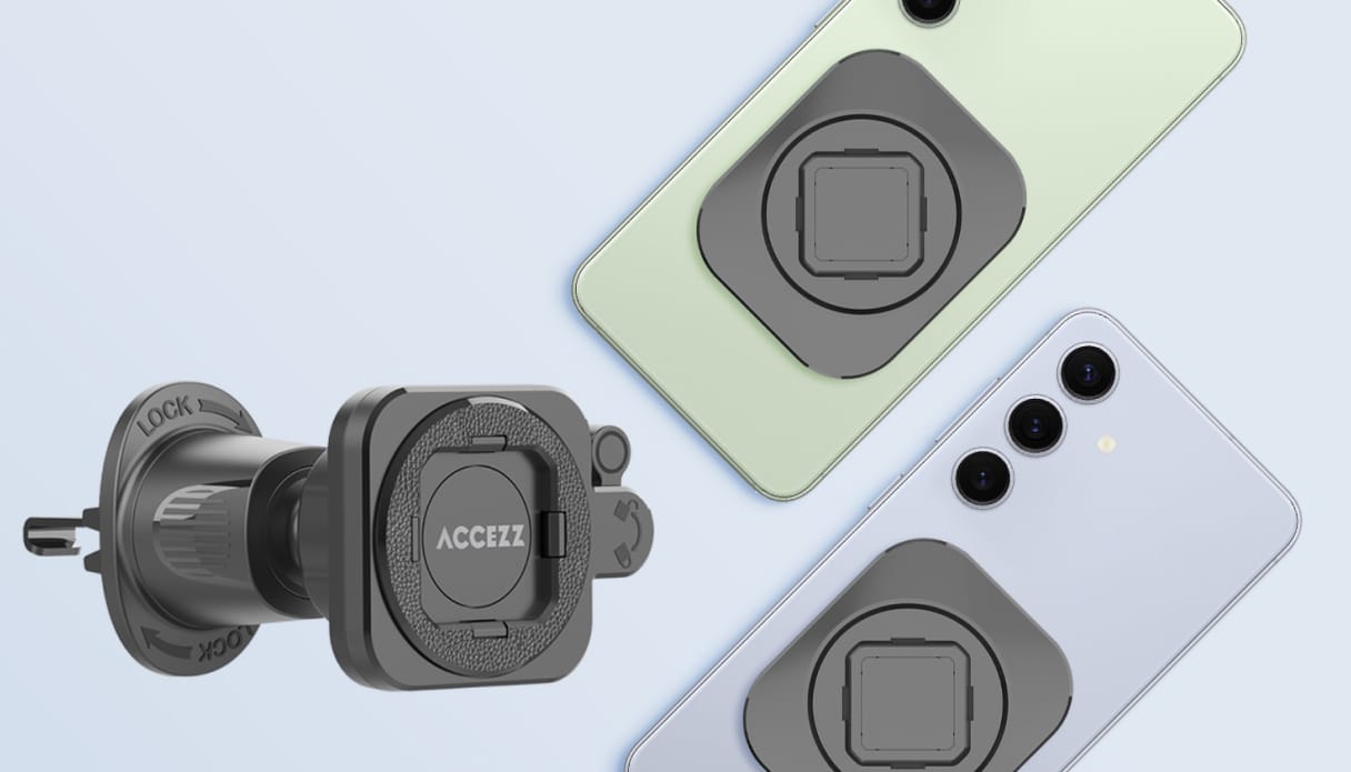 Ein Produktfoto von zwei Handys mit einer Magnetplatte und einer Handyhalterung mit Klicksystem.