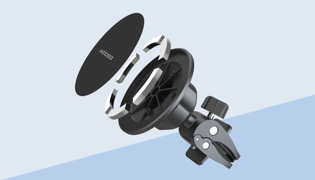 Ein Foto von einem magnetischen Handyhalter, auseinander genommen, um die Funktionsweise zu veranschaulichen.