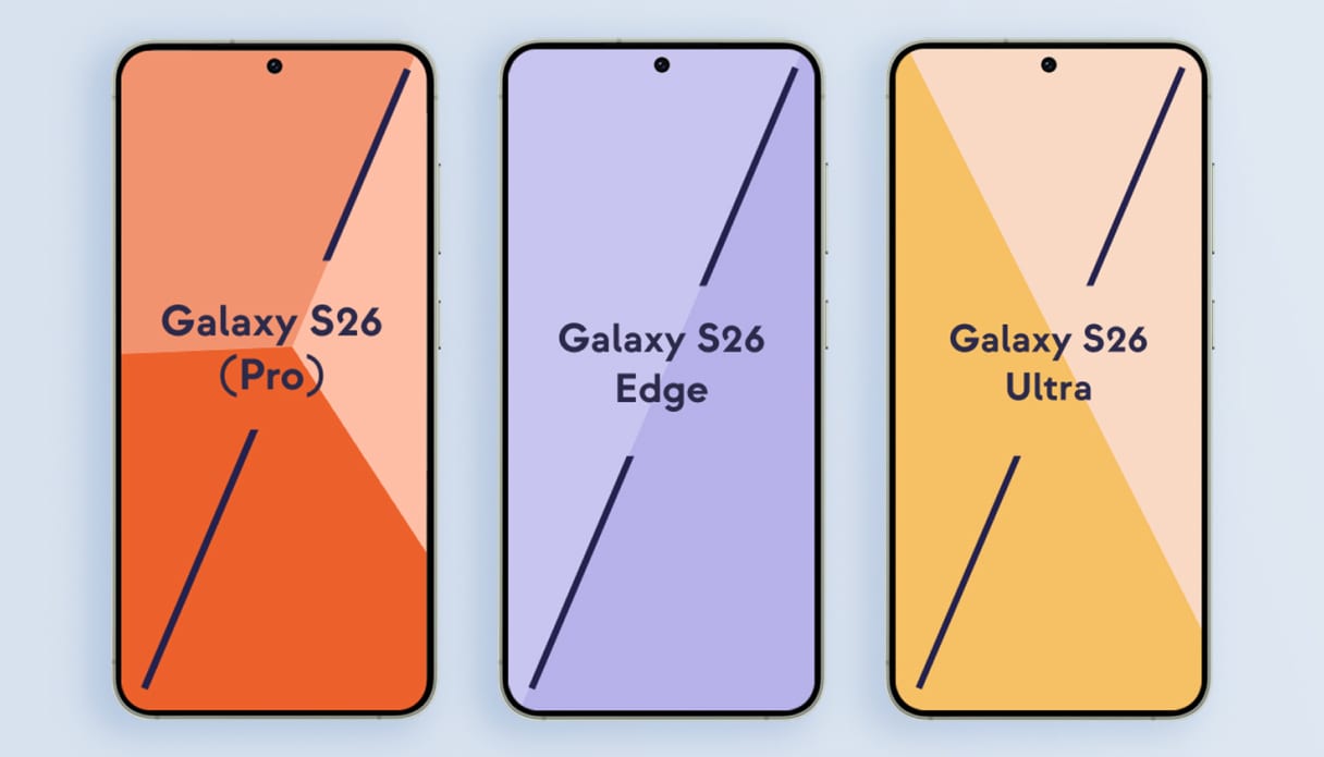 Verschiedene Größen des Galaxy 26, Galaxy 26 Edge und Galaxy S26 Ultra.