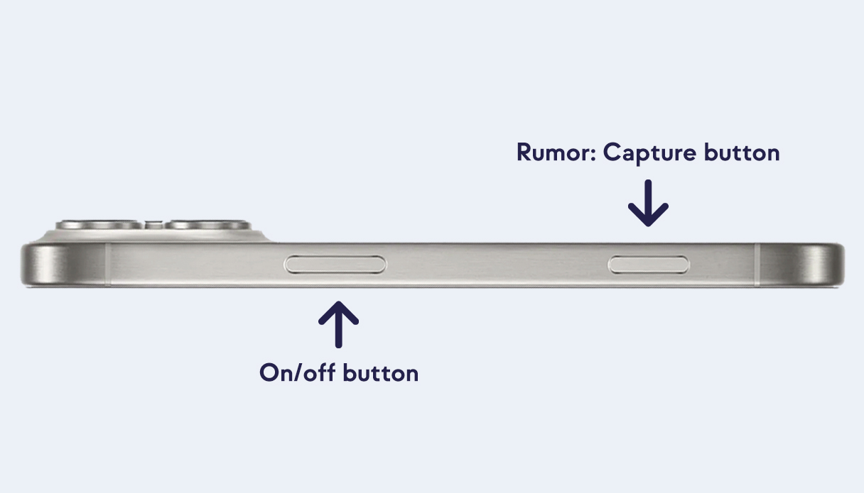 Das iPhone ist von der Seite zu sehen, mit Pfeilen wird gezeigt, wo die Capture-Taste möglicherweise platziert wird.