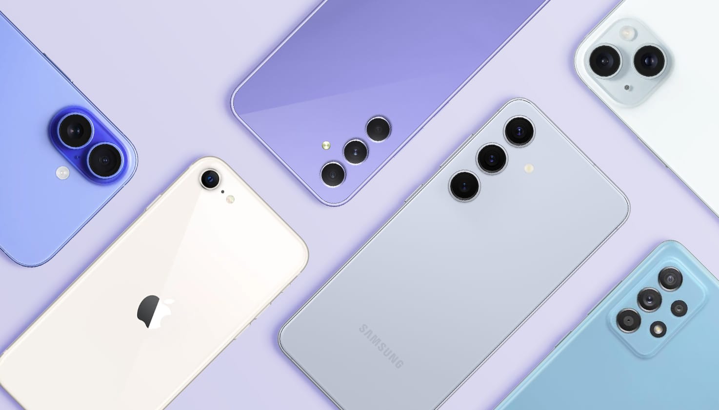 verschiedene Smartphones auf hellviolettem Hintergrund