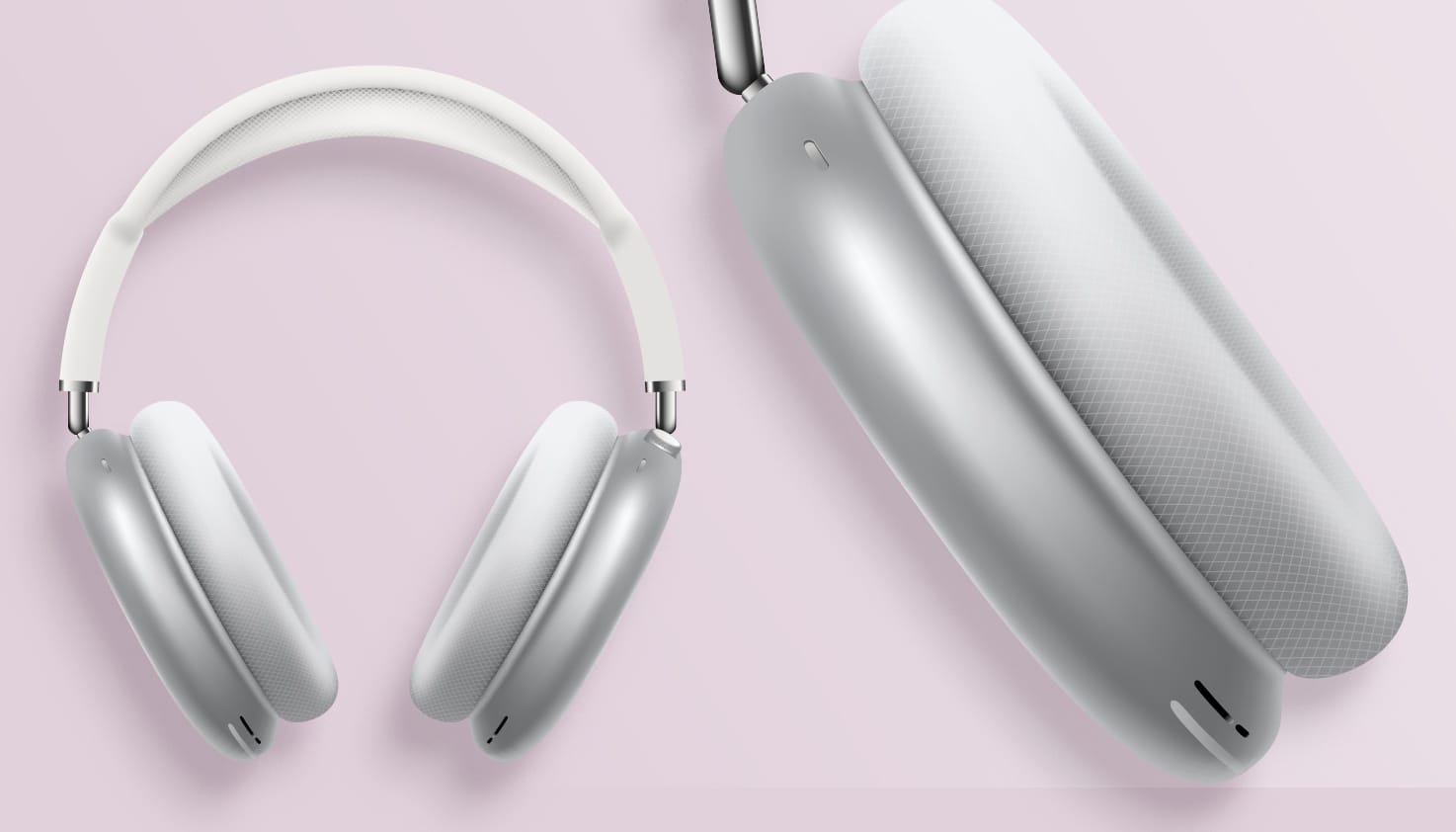 Die Apple AirPods Max sind vollständig im Bild, und das linke Ohr ist herangezoomt.